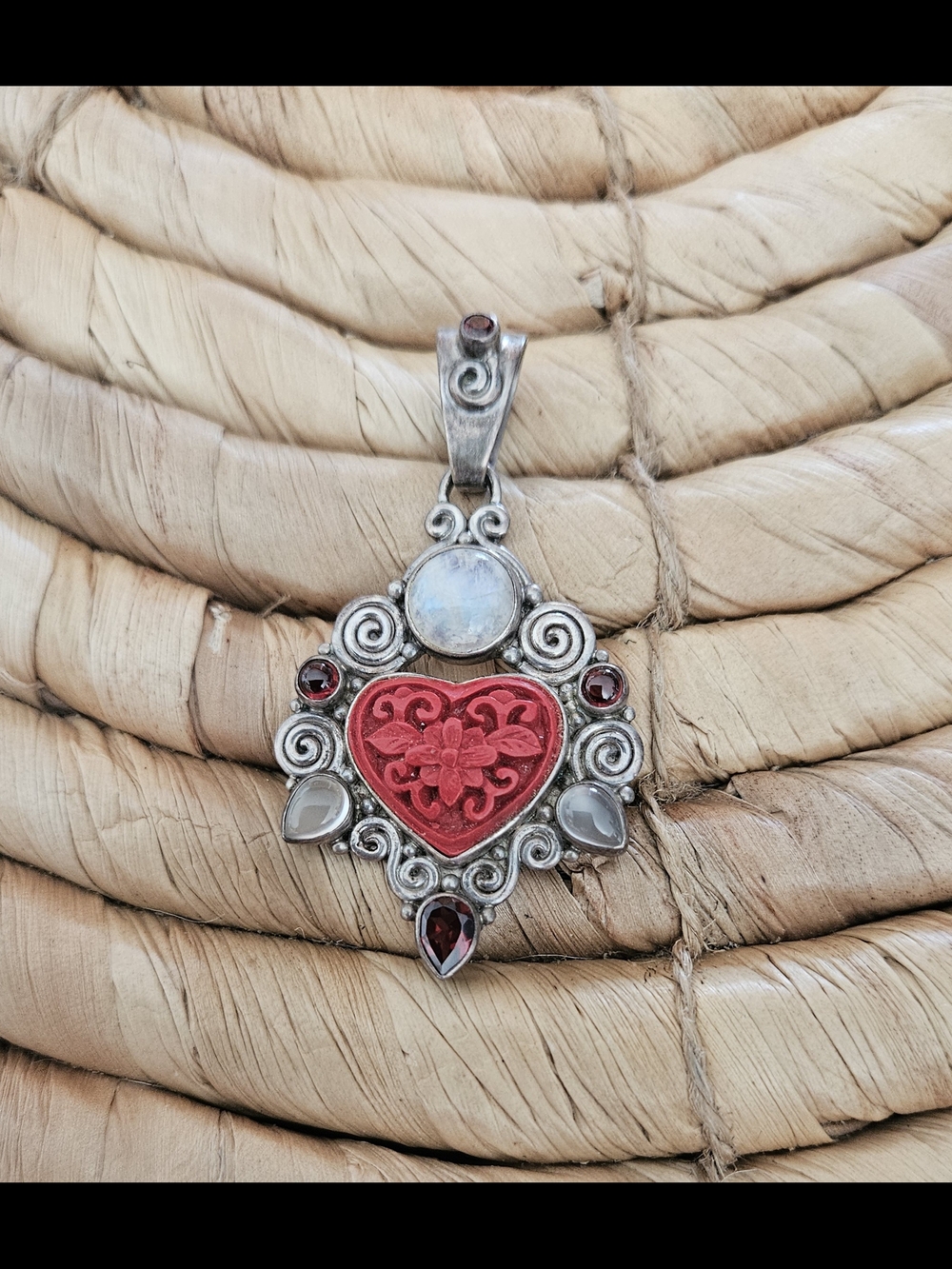 VintagSterling Silver Heart Pendant Necklace with Red Carved Inlay and stones.